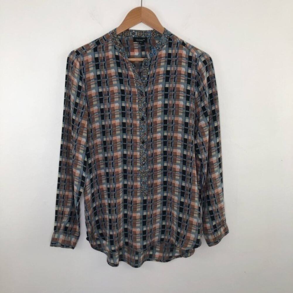 Anthropologie Tolani Silk Plaid Floral Top Blouse Size Small